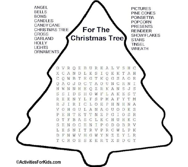Christmas Tree Word Search printable activity for kids at ActivitiesForKids.com #wordsearch