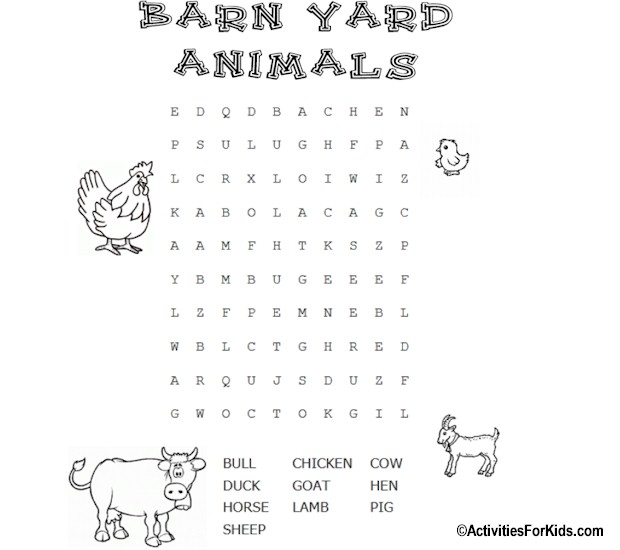Barn Yard Animals Word Search at ActivitiesForKids.com #wordsearch
