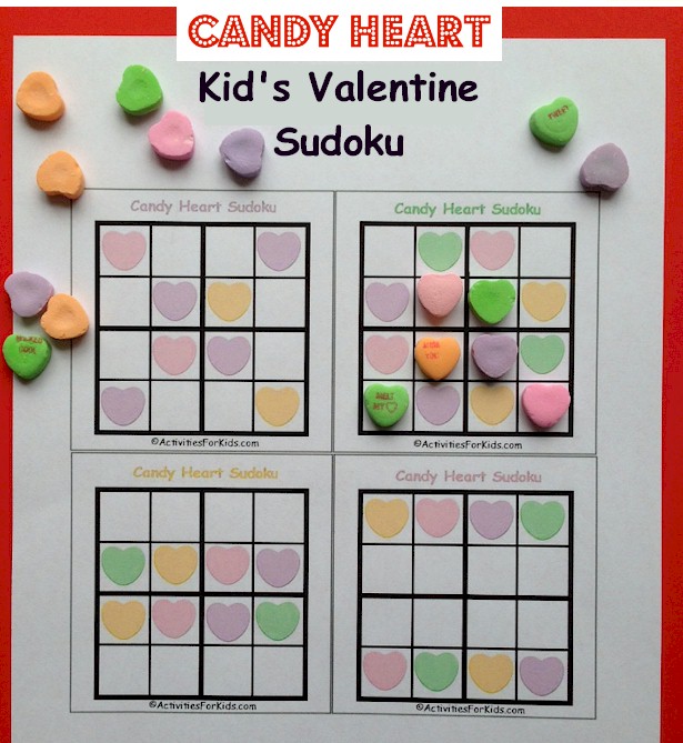 Printable Valentine Sudoku for kids. A fun classroom printable game with an easy four-square sudoku game that use Valentine candy hearts instead of numbers. Find more Valentine printables at ActivitiesForKids.com 