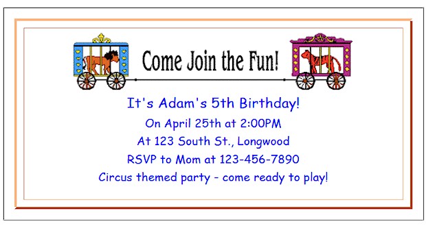 Circus Party Invitations from Activities For Kids. More ideas for putting together a fun Circus Party for your kids birthday.