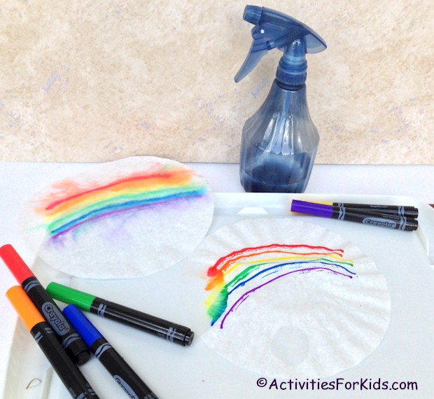 A rainbow and a pot of gold - just in time for St. Patrick's Day.  Create a colorful rainbow using a coffee filter. Use a hole punch and gold paper for the coins.  Printables from Activities for Kids