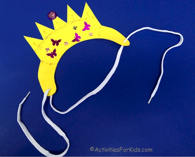 Instructions for creating a craft foam crown for a prince or princess from ActivitiesForKids.com. Includes a Free printable crown template.  