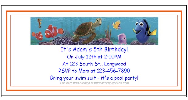 Finding Nemo, Finding Dory Party Ideas for Kids. Free printable Birthday Party Invitations for either a Finding Nemo or Finding Dory Party Theme. 
