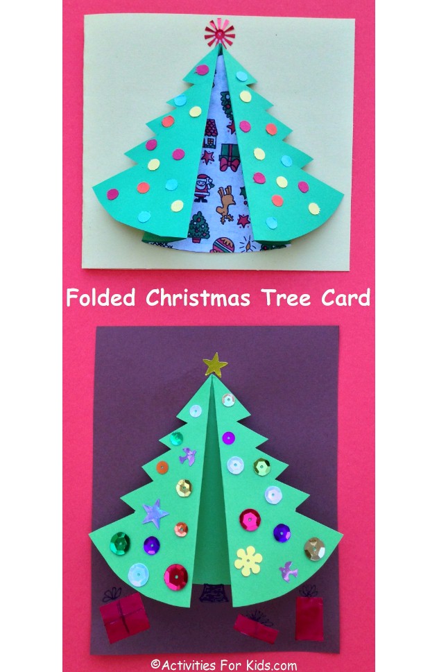 Folded Christmas Tree craft for kids. Printable Christmas tree card for kids to make.  