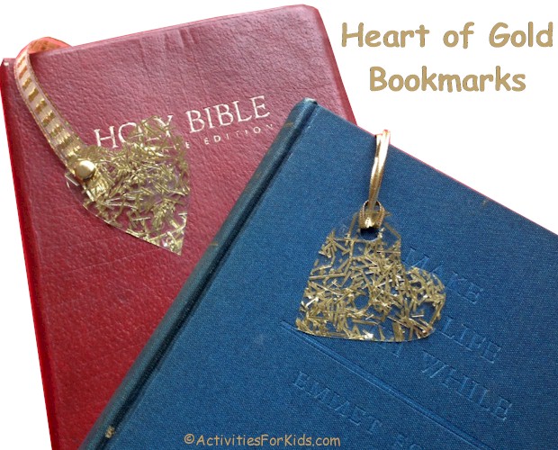 Heart of Gold Bookmark craft for kids, use the free heart stencils at ActivitiesForKids.com to create these glittery gold hearts.  A great Valentines Day Craft for kids!
