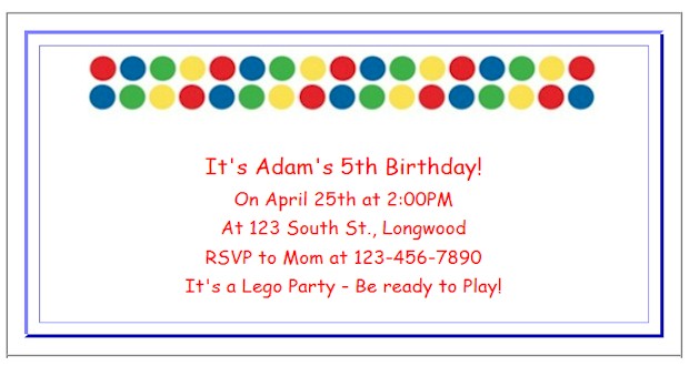 Create Lego Party Invitations at ActivitiesForKids.com  Add text and font color for free printable invitations. See more Lego Birthday Party Ideas.