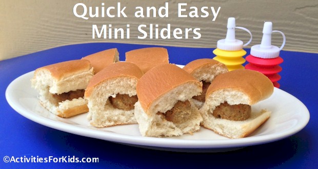 Kids party food, mini meatball sliders are an inexpensive treat that can be put together in minutes.  ActivitiesForKids.com 