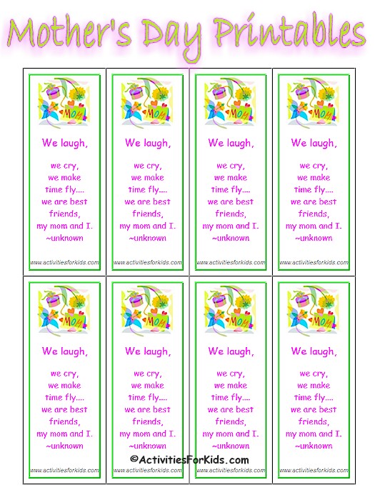 Print 8 Custom Mother's Day bookmarks or cards at ActivitiesForKids.com