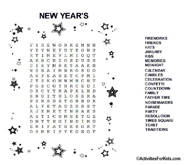 New Year s Eve Word Search Printable For Kids