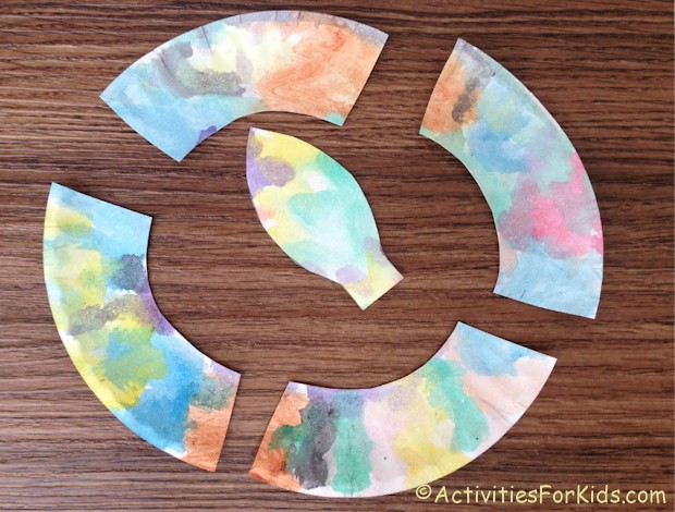 Easy and inexpensive to make, paper plate snake craft for kids.  Cut apart in sections for a bendable snake.  Kids crafts for St. Patrick's Day, Chinese New Year or Bible Study of Adam and Eve.  ActivitiesForKids.com 