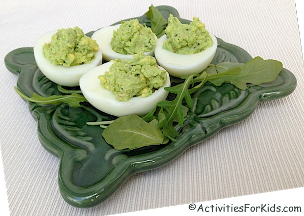 Delicious!  Pesto Deviled Eggs kids will love.  Make green eggs and ham or a fun treat for St. Patitrick's Day at Activities for Kids. 