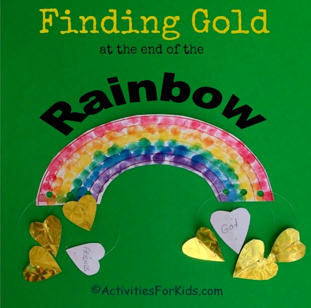 What is your gold treasure at the end of the rainbow?  Gold hearts with notes of what is treasured most.  Instructions at ActivitiesForKids.com.  St Patrick's Day Crafts for Kids 