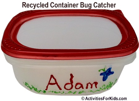 Recycled storage containers to create a Bug Catcher at ActivitiesForKids.com