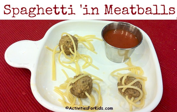 A fun way to eat Spaghetti and Meatballs.  Recipe at ActivitiesForKids.com