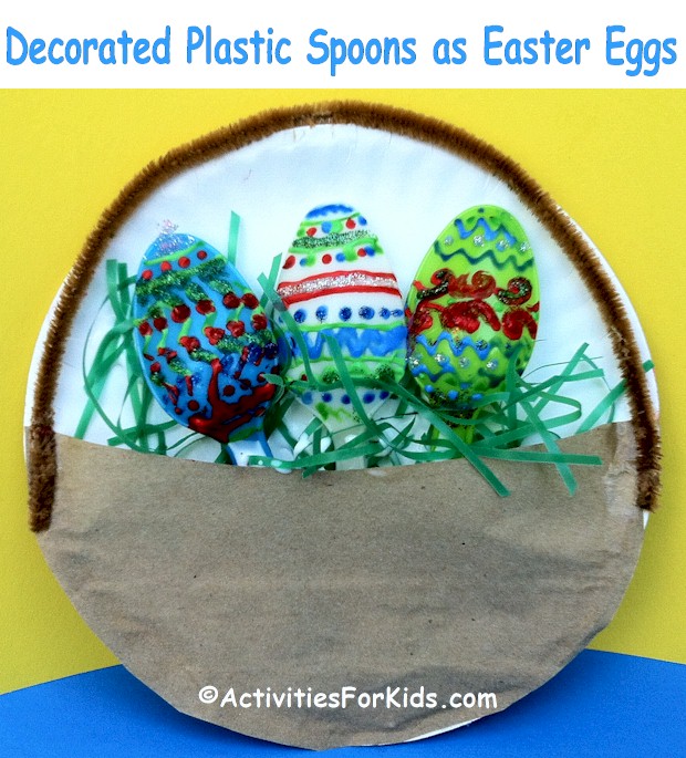 How Cute! Use plastic spoons as an easy way to make Easter Eggs for a holiday Easter Basket decoration.  Instructions for plastic spoon Easter Eggs and basket at ActivitiesForKids.com