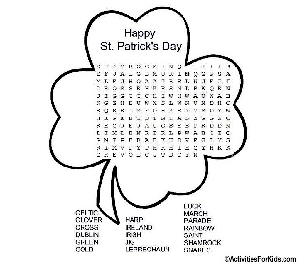 St. Patrick's Day Word Search at ActivitiesForKids.com #wordsearch.  St Patricks Day classroom activities for kids.
