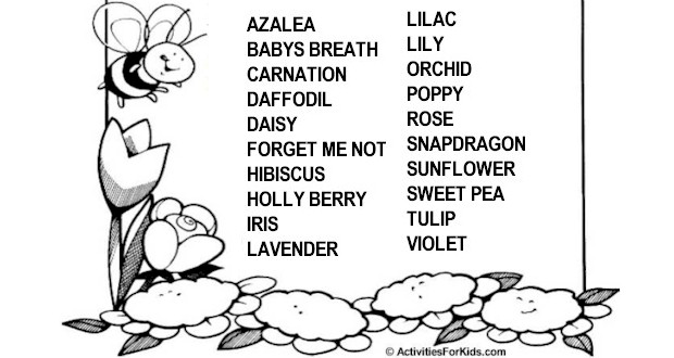 Popular flower names on this word search printable from ActivitiesForKids.com #wordsearch #gardenparty