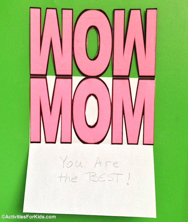 Tri-fold printable card for Mother's Day - use colorful paper for the letters and white for the background.  Easy Mother's Day card to print out, cut apart and assemble from Activities For Kids.