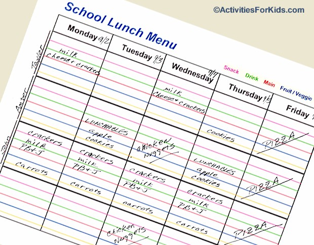 School Lunch Menu Printable from Activities For Kids