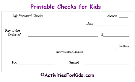 Printable checks, printable check register  educational tool for kids at ActivitiesForKids.com