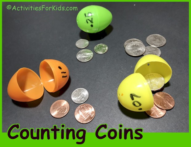 Counting Coins game with plastic eggs.