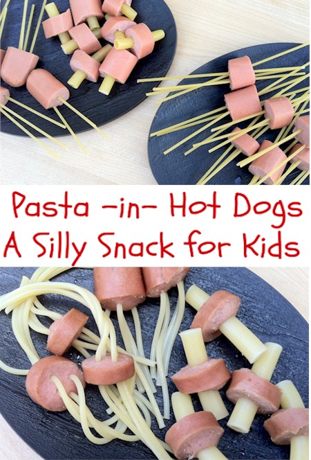 A silly snack for kids, Pasta Dogs served with ketchup or mustard.