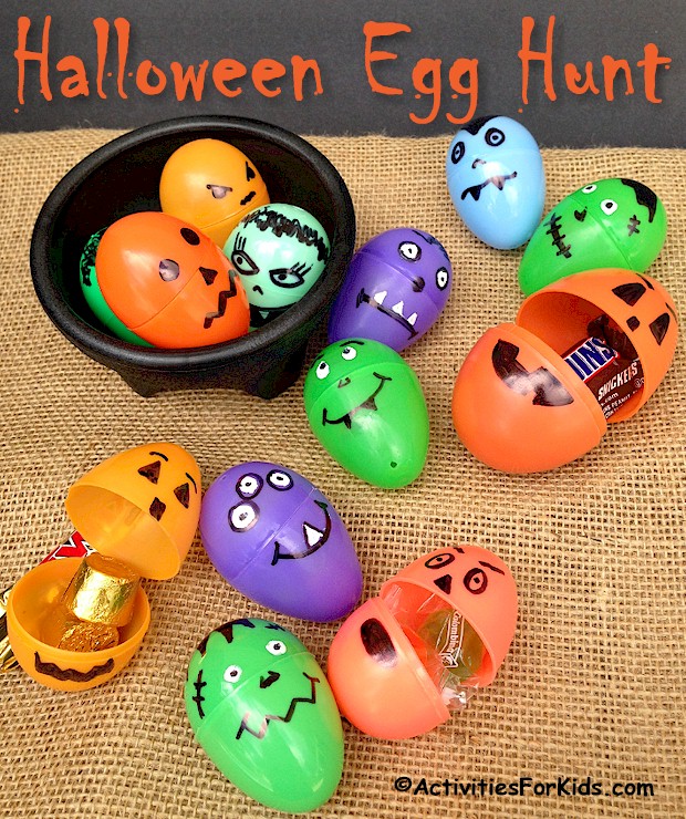 Halloween party games for kids - Upcycle plastic Easter Eggs for a Halloween Egg Hunt.