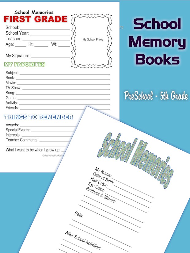 Free, Printable School Memory books for your children from ActivitiesForKids.com.