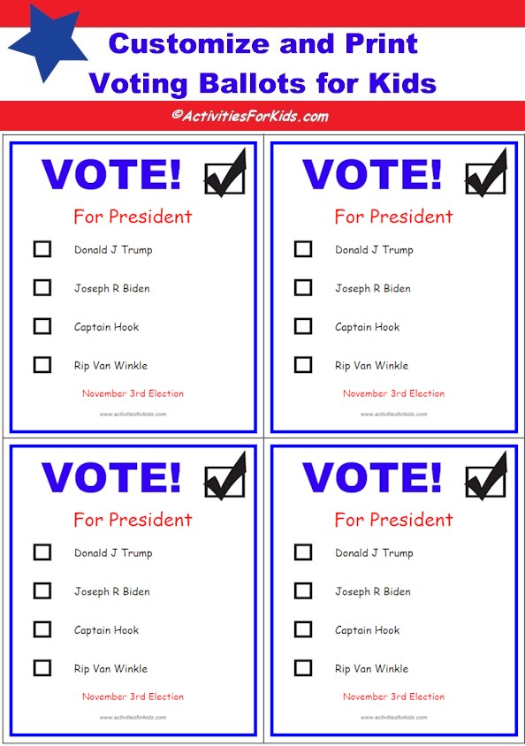 Printable Voting Ballots for Kids.  Customize and print for your classroom.