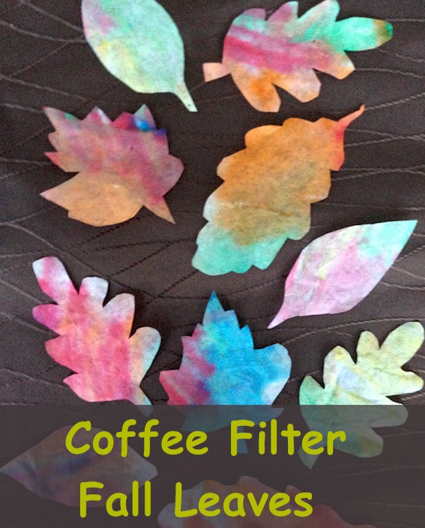 Colorful coffee filter leaves.  Use washable markers to create the beautiful fall colors.