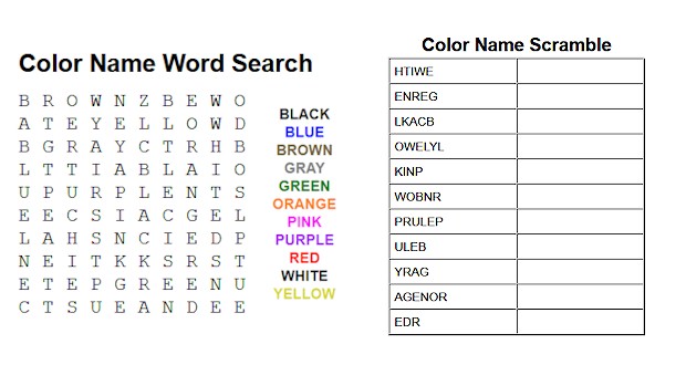 Color Word Search and Color Name Word Scramble.  Two printable activities for classroom activities. 