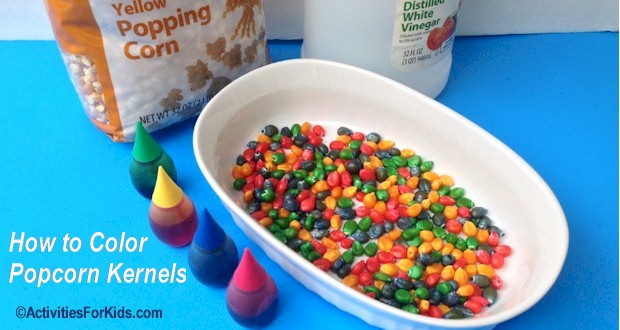 It's so easy! How to color popcorn kernels for fall crafts.
