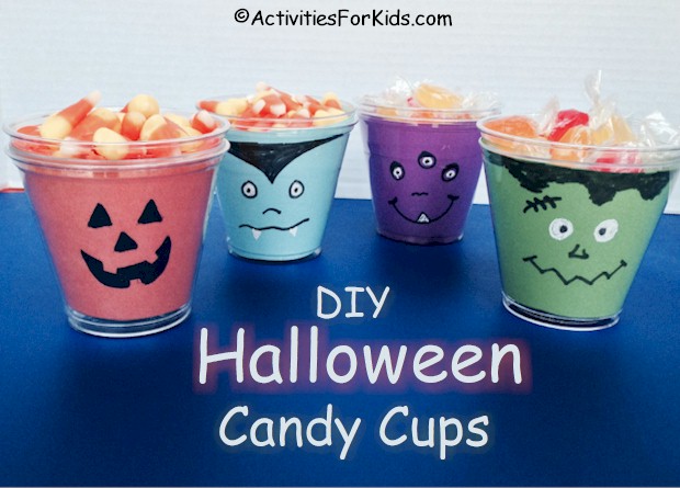 Easy Halloween Crafts for kids.  Children can decorate solo cups with a Halloween character.  Halloween printable includes cup insert from Activities For Kids.