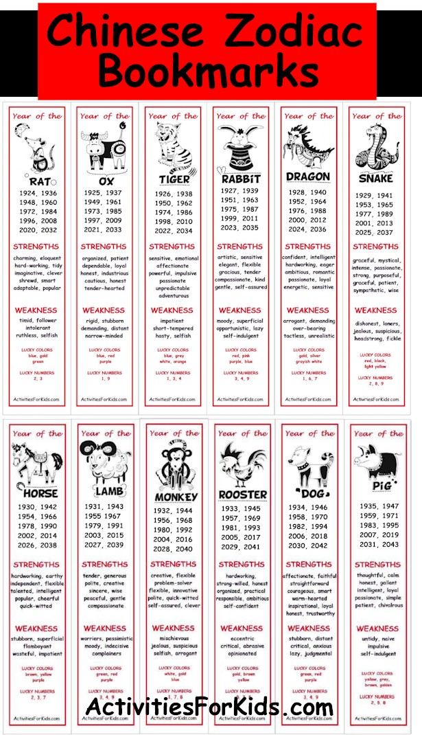 Chinese Zodiac Bookmarks to Print for the Chinese New Year