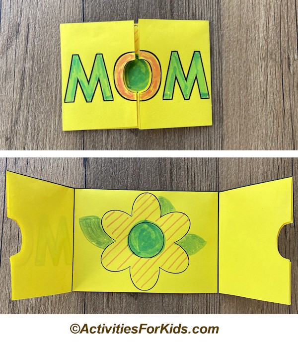 Folded Mother's Day card opens to a decorated flower.