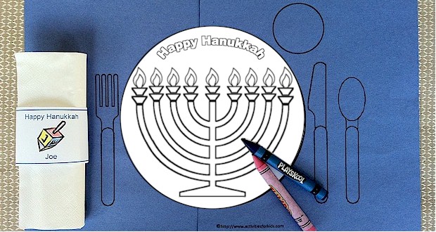 A Hanukkah table decoration.  Personalized napkin rings and a Hanukkah Place Mat.