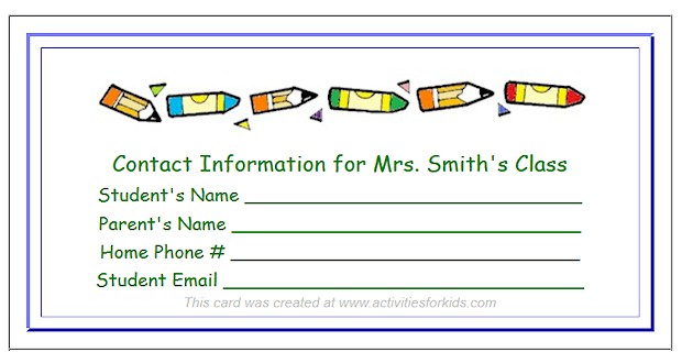 Student - Parent contact information forms from Activities for Kids